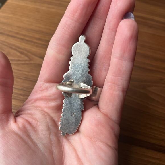 Vintage Native 925 Sterling Silver and Blue Sunstone HUGE Full Finger Ring - Picture 4 of 8